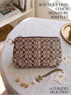 COACH Brown and Cream Signature Patterned Small Coin/Card Pouch